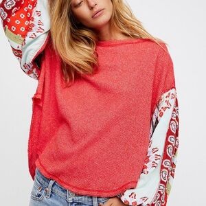 Free People We the Free Red Blossom Thermal w Mixed Media Balloon Sleeves